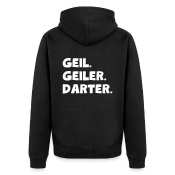 Geil. Geiler. Darter - Unisex Premium Bio Zip Hoodie - Schwarz - Hinten - Nico (187cm)