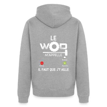Le WOD M'appelle Coaching Musculation Fitness - Veste à capuche bio Premium Unisexe - gris chiné - Dos - Nico (187cm)