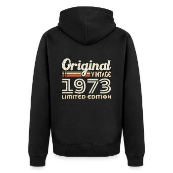 Original 1973 Vintage Geburtstagsgeschenk - Unisex Premium Bio Zip Hoodie - Schwarz - Hinten - Nico (187cm)