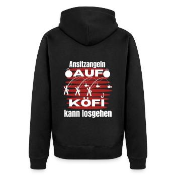 Ansitzangelnauf KöFi - Angler T-Shirt Angeln - Unisex Premium Bio Zip Hoodie - Schwarz - Hinten - Nico (187cm)