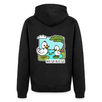 Ente gut alles gut Fröhliche Entlein am Teich - Unisex Premium Bio Zip Hoodie - Schwarz - Hinten - Nico (187cm)