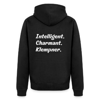 Intelligent. Charmant. Klempner - Unisex Premium Bio Zip Hoodie - Schwarz - Hinten - Nico (187cm)