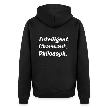 Intelligent. Charmant. Philosoph - Unisex Premium Bio Zip Hoodie - Schwarz - Hinten - Nico (187cm)