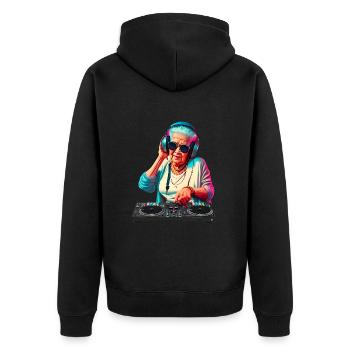 DJ Oma Grandma Hipster mit Sonnenbrille Kopfhörer - Unisex Premium Bio Zip Hoodie - Schwarz - Hinten - Nico (187cm)
