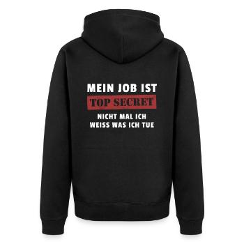 Mein Job ist Top Secret - Unisex Premium Bio Zip Hoodie - Schwarz - Hinten - Nico (187cm)