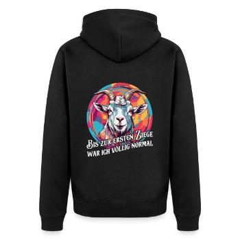 Bis zur ersten Ziege war ich völlig normal - Unisex Premium Bio Zip Hoodie - Schwarz - Hinten - Nico (187cm)