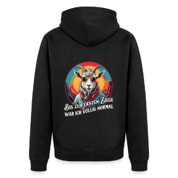 Bis zur ersten Ziege war ich völlig normal - Unisex Premium Bio Zip Hoodie - Schwarz - Hinten - Nico (187cm)