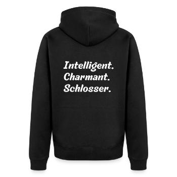 Intelligent. Charmant. Schlosser - Unisex Premium Bio Zip Hoodie - Schwarz - Hinten - Nico (187cm)