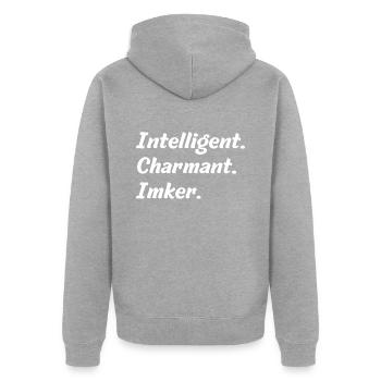 Intelligent. Charmant. Imker - Unisex Premium Bio Zip Hoodie - Grau meliert - Hinten - Nico (187cm)