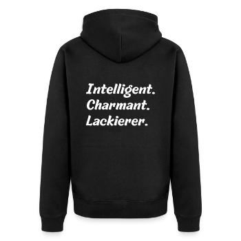 Intelligent. Charmant. Lackierer - Unisex Premium Bio Zip Hoodie - Schwarz - Hinten - Nico (187cm)