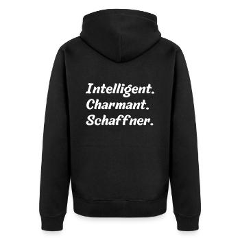 Intelligent. Charmant. Schaffner - Unisex Premium Bio Zip Hoodie - Schwarz - Hinten - Nico (187cm)