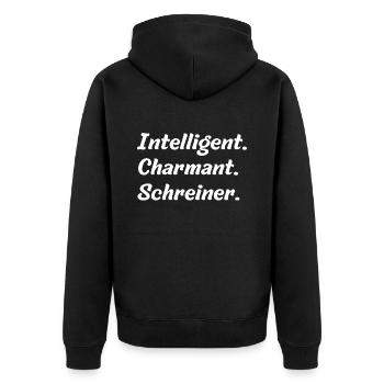 Intelligent. Charmant. Schreiner - Unisex Premium Bio Zip Hoodie - Schwarz - Hinten - Nico (187cm)