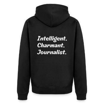 Intelligent. Charmant. Journalist - Unisex Premium Bio Zip Hoodie - Schwarz - Hinten - Nico (187cm)