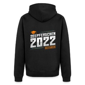 Seepferdchen 2022 bestanden Prüfung Abzeichen - Unisex Premium Bio Zip Hoodie - Schwarz - Hinten - Nico (187cm)