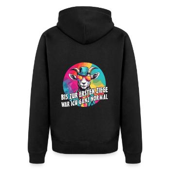 Bis zur ersten Ziege war ich ganz normal - Unisex Premium Bio Zip Hoodie - Schwarz - Hinten - Nico (187cm)