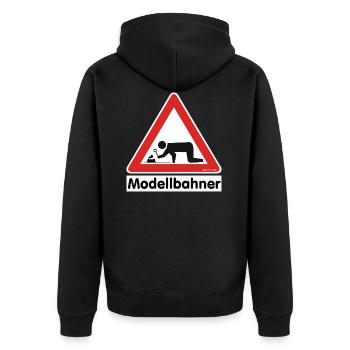 Warnschild "Modellbahner Dampflok" - Unisex Premium Bio Zip Hoodie - Schwarz - Hinten - Nico (187cm)