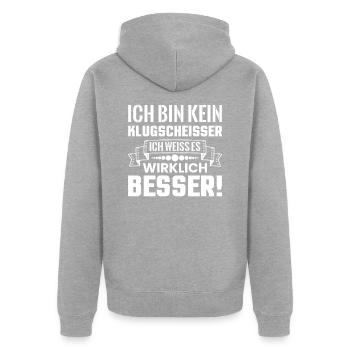 Know-it-all clever shit funny saying knowledge - Unisex Premium Organic Zip Hoodie - heather grey - Back - Nico (187cm)