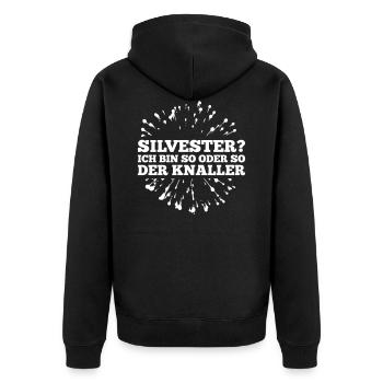 Spruch: Silvester? Ich bin so oder so der Knaller! - Unisex Premium Bio Zip Hoodie - Schwarz - Hinten - Nico (187cm)