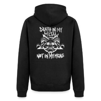 Vegan Metalhead. Death in metal, not in my meals - Unisex Premium Bio Zip Hoodie - Schwarz - Hinten - Nico (187cm)