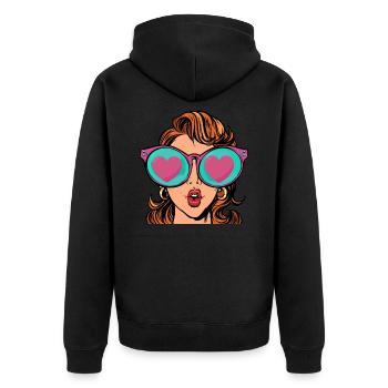 Sonnenbrille, Liebe, Frau // Sommer, I love, Meer - Unisex Premium Bio Zip Hoodie - Schwarz - Hinten - Nico (187cm)