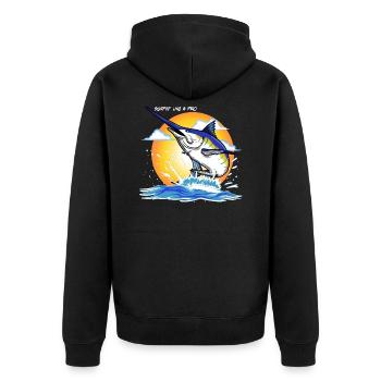 Angeln und Surfen - Unisex Premium Bio Zip Hoodie - Schwarz - Hinten - Nico (187cm)