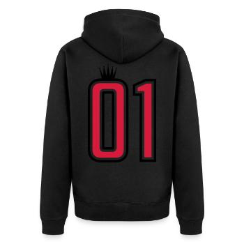 01 eins krone 1 nummer - Unisex Premium Bio Zip Hoodie - Schwarz - Hinten - Nico (187cm)