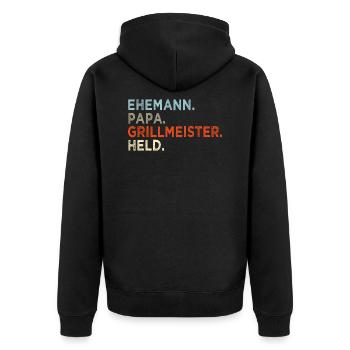 EHEMANN PAPA GRILLMEISTER HELD VATERTAG GESCHENK - Unisex Premium Bio Zip Hoodie - Schwarz - Hinten - Nico (187cm)