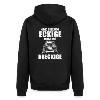 Der Eckige muss ins Dreckige Offraod Niva - Unisex Premium Bio Zip Hoodie - Schwarz - Hinten - Nico (187cm)