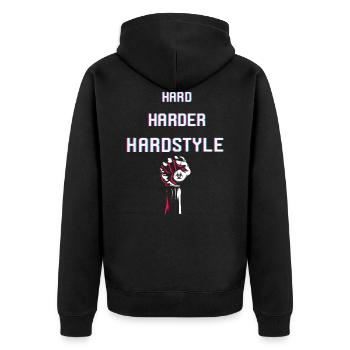 Hard Harder Hardstyle | Army of Hardstyle - Unisex Premium Bio Zip Hoodie - Schwarz - Hinten - Nico (187cm)