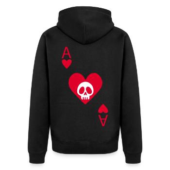 Totenkopf und Herz-Ass - Unisex Premium Bio Zip Hoodie - Schwarz - Hinten - Nico (187cm)
