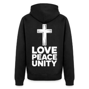 Liebe Frieden Einheit Kreuz Spiritualität - Unisex Premium Bio Zip Hoodie - Schwarz - Hinten - Nico (187cm)
