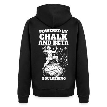 Angetrieben von Chalk und Beta Bouldering Climb - Unisex Premium Bio Zip Hoodie - Schwarz - Hinten - Nico (187cm)