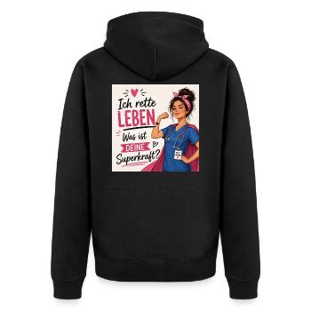 Ich rette Leben. Was ist deine Superkraft? - Unisex Premium Bio Zip Hoodie - Schwarz - Hinten - Nico (187cm)