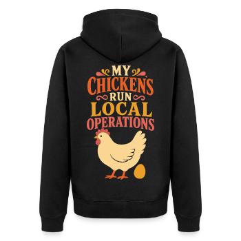 My Chickens Run Local Operations - Unisex Premium Bio Zip Hoodie - Schwarz - Hinten - Nico (187cm)