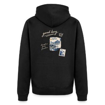 Good Boy Freiheit Reise-Stempel - Unisex Premium Bio Zip Hoodie - Schwarz - Hinten - Nico (187cm)