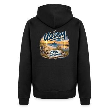 Usedom Zwischen Ostsee und Achterwasser - Unisex Premium Bio Zip Hoodie - Schwarz - Hinten - Nico (187cm)