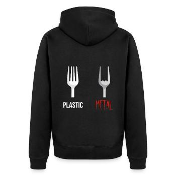 Gabel Plastic Metal Musik - Unisex Premium Bio Zip Hoodie - Schwarz - Hinten - Nico (187cm)