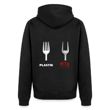 Gabel Plastic Metal Musik - Unisex Premium Bio Zip Hoodie - Schwarz - Hinten - Nico (187cm)