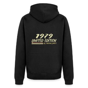 1979 Geburtstagsgeschenkidee 1979 - Unisex Premium Bio Zip Hoodie - Schwarz - Hinten - Nico (187cm)