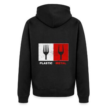 Gabel Plastic Metal Musik - Unisex Premium Bio Zip Hoodie - Schwarz - Hinten - Nico (187cm)