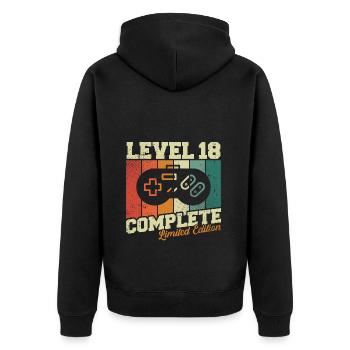 18 Geburtstag Geschenk - Level 18 Complete - Unisex Premium Bio Zip Hoodie - Schwarz - Hinten - Nico (187cm)