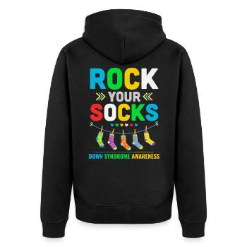 Down-Syndrom-Awareness-Tag Gelb Blaue Socken - Unisex Premium Bio Zip Hoodie - Schwarz - Hinten - Nico (187cm)