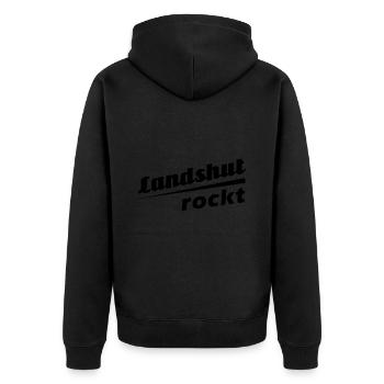 Landshut rockt - Textdesign mit Stadtnamen - Unisex Premium Bio Zip Hoodie - Schwarz - Hinten - Nico (187cm)