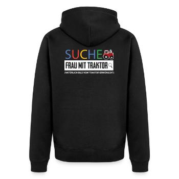 Landwirt Shirt-Frau mit Traktor - Unisex Premium Bio Zip Hoodie - Schwarz - Hinten - Nico (187cm)