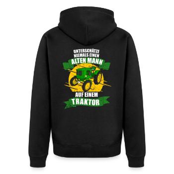Alter mann auf einem Traktor niemals Unterschätzen - Unisex Premium Bio Zip Hoodie - Schwarz - Hinten - Nico (187cm)