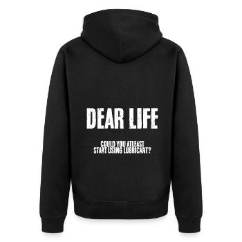 Humorous Dear Life Could You At Least Start Using - Unisex Premium Bio Zip Hoodie - Schwarz - Hinten - Nico (187cm)