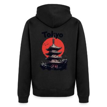 Tokio Japan Pagode Stadt Skyline Sonne Berg - Unisex Premium Bio Zip Hoodie - Schwarz - Hinten - Nico (187cm)