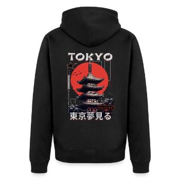 Tokio Japan Pagode Stadt Skyline Sonne Berg - Unisex Premium Bio Zip Hoodie - Schwarz - Hinten - Nico (187cm)