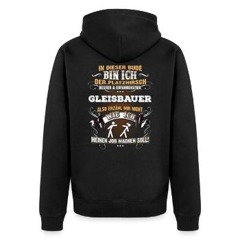 Edles Berufe-Shirt für den Gleisbauer - Unisex Premium Bio Zip Hoodie - Schwarz - Hinten - Nico (187cm)