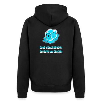 Ohne Fälschung bin ich ein Eiswürfel. - Unisex Premium Bio Zip Hoodie - Schwarz - Hinten - Nico (187cm)